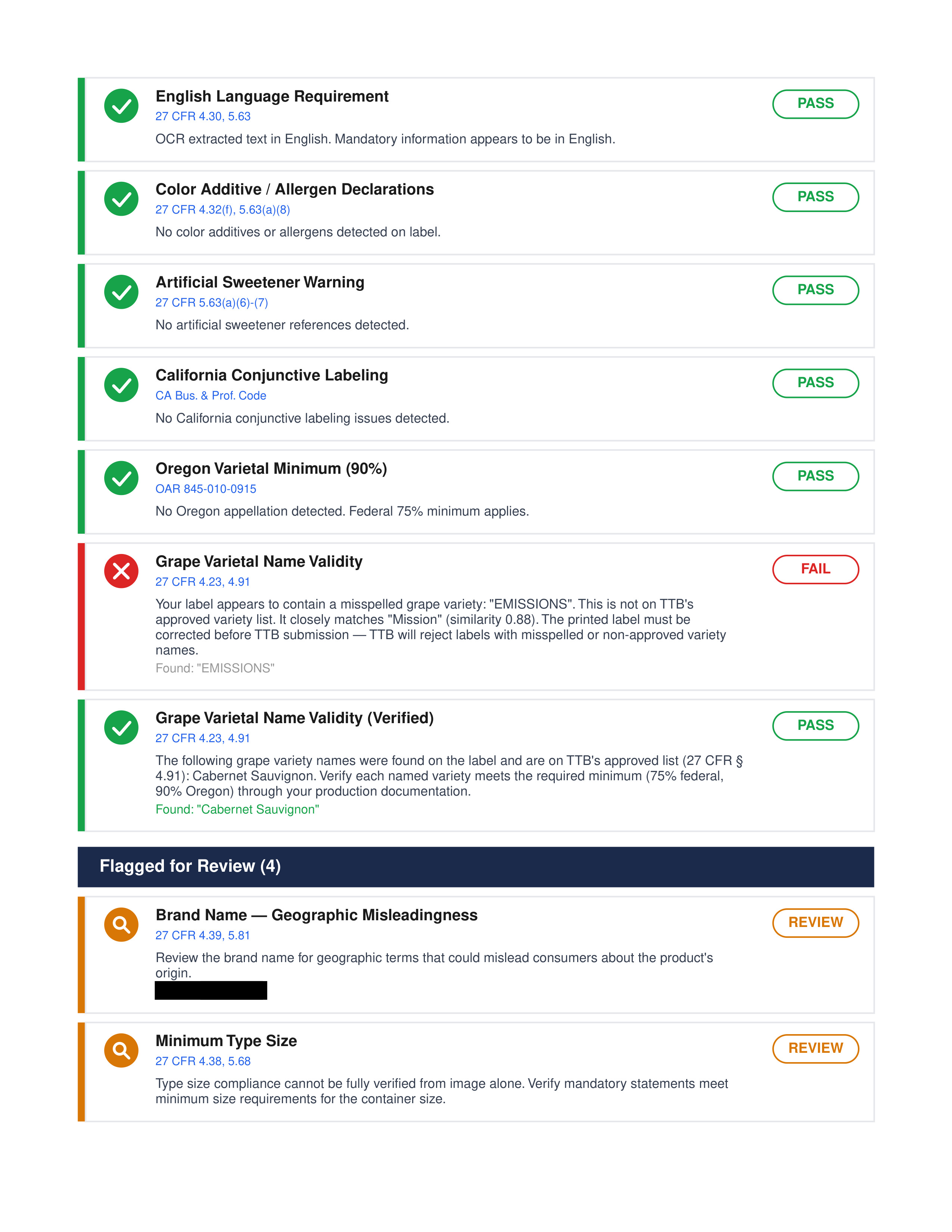 Sample COLAClear compliance report page showing structured pass / review / fail check results with CFR citations next to each finding