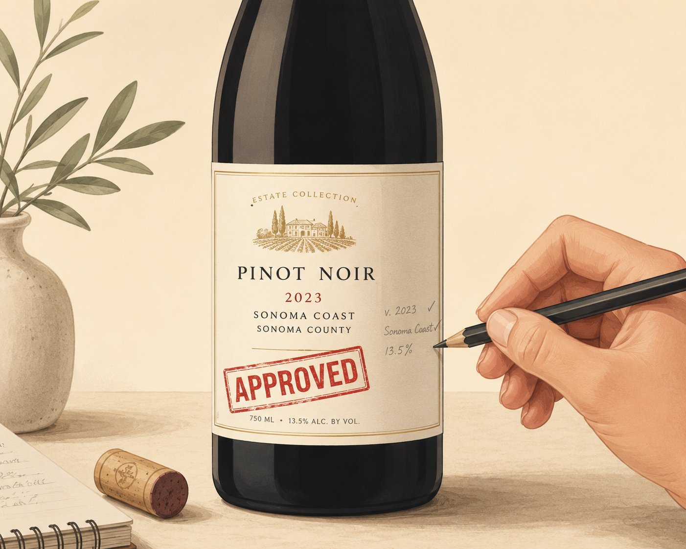 An approved wine label being given a few small allowed edits — the changes you can make without refiling a COLA.
