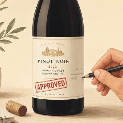 An approved Pinot Noir label being given a few small allowed edits in pencil
