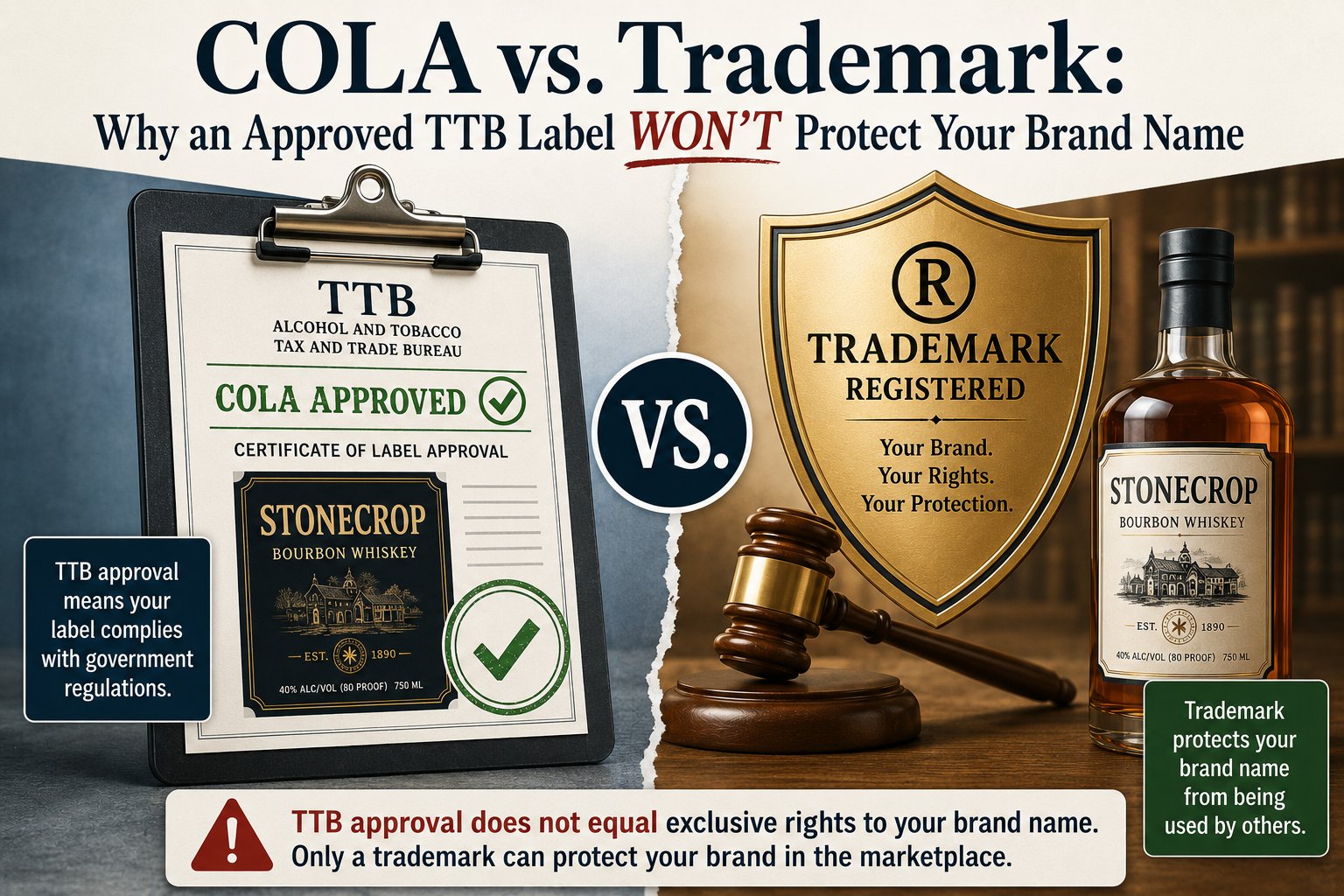 COLA vs. Trademark infographic: an approved TTB Certificate of Label Approval for a 'Stonecrop Bourbon Whiskey' label on the left, versus a gold 'Trademark Registered' shield, a gavel, and the Stonecrop bottle on the right — with the line 'TTB approval does not equal exclusive rights to your brand name.'