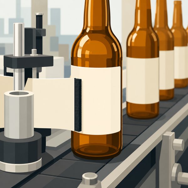 Illustration of a blank label being applied to an amber beer bottle on a labeling line