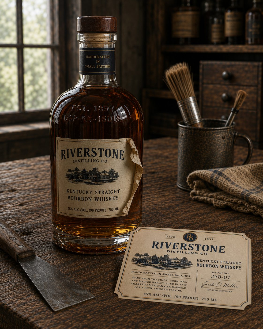 A Kentucky straight bourbon whiskey bottle with a worn, sparse export-style label peeling off, and a fuller U.S.-compliant label lying beside it ready to be applied.