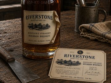 A bourbon bottle with a worn export-style label peeling off and a fuller U.S.-compliant label beside it