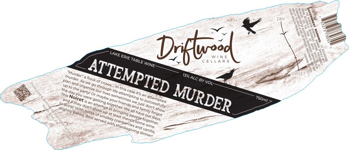 Attempted Murder wine label from Driftwood Wine Cellars, a driftwood-shaped die-cut covered in crows.
