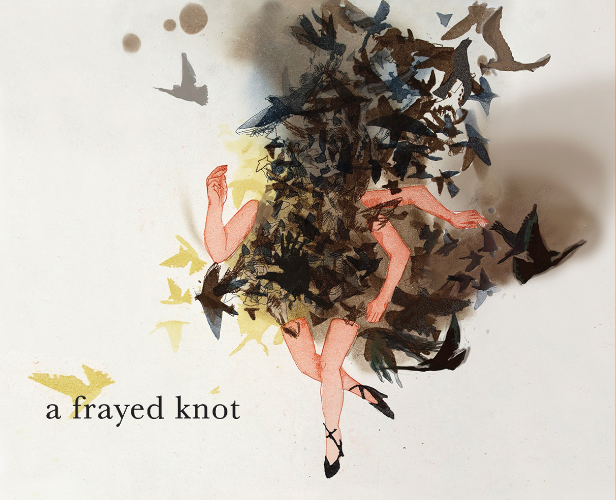 A Frayed Knot wine label from Love and Squalor, a watercolor figure dissolving into a flock of birds.