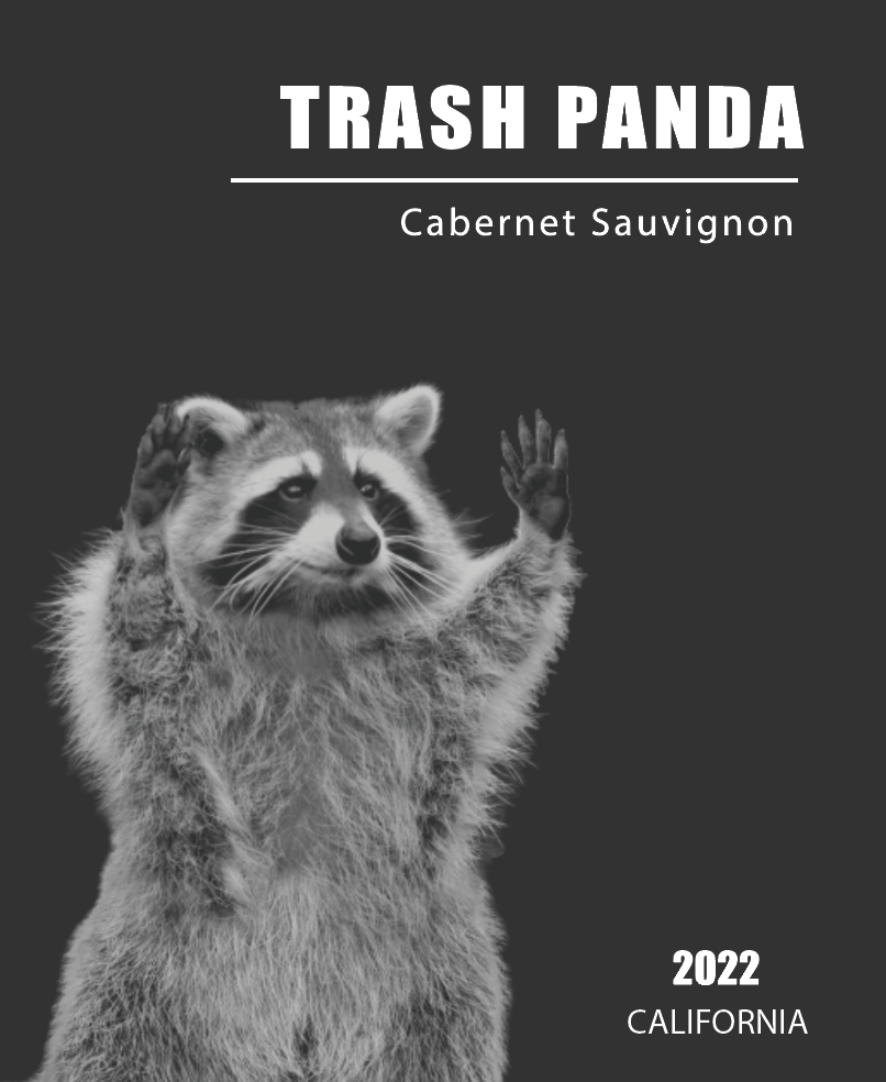 Trash Panda Cabernet Sauvignon label, a black-and-white photo of a raccoon waving.
