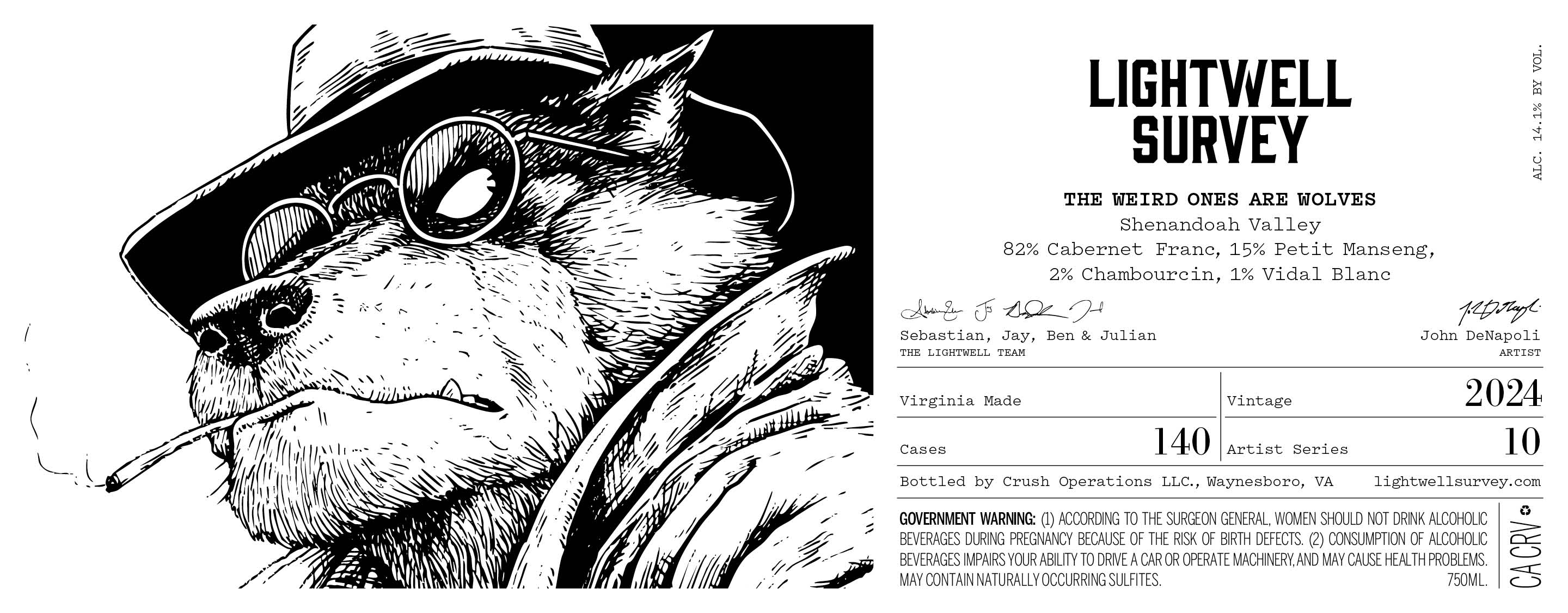The Weird Ones Are Wolves wine label from Lightwell Survey, a black-and-white illustration of a wolf in a fedora and sunglasses.