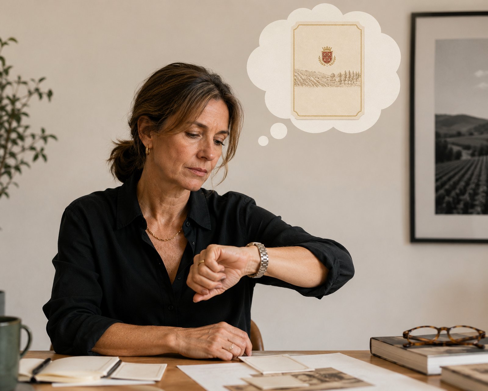 A wine industry professional sits at her desk checking her watch, with a wine label visible in a thought bubble above her &mdash; illustrating the wait for TTB label approval.