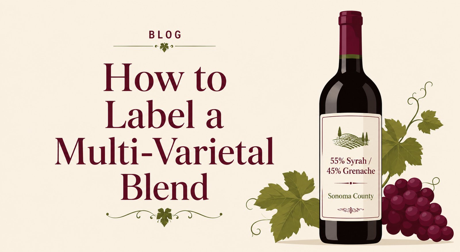 A red wine bottle labeled 55% Syrah / 45% Grenache, Sonoma County — an example of a compliant multi-varietal blend label.