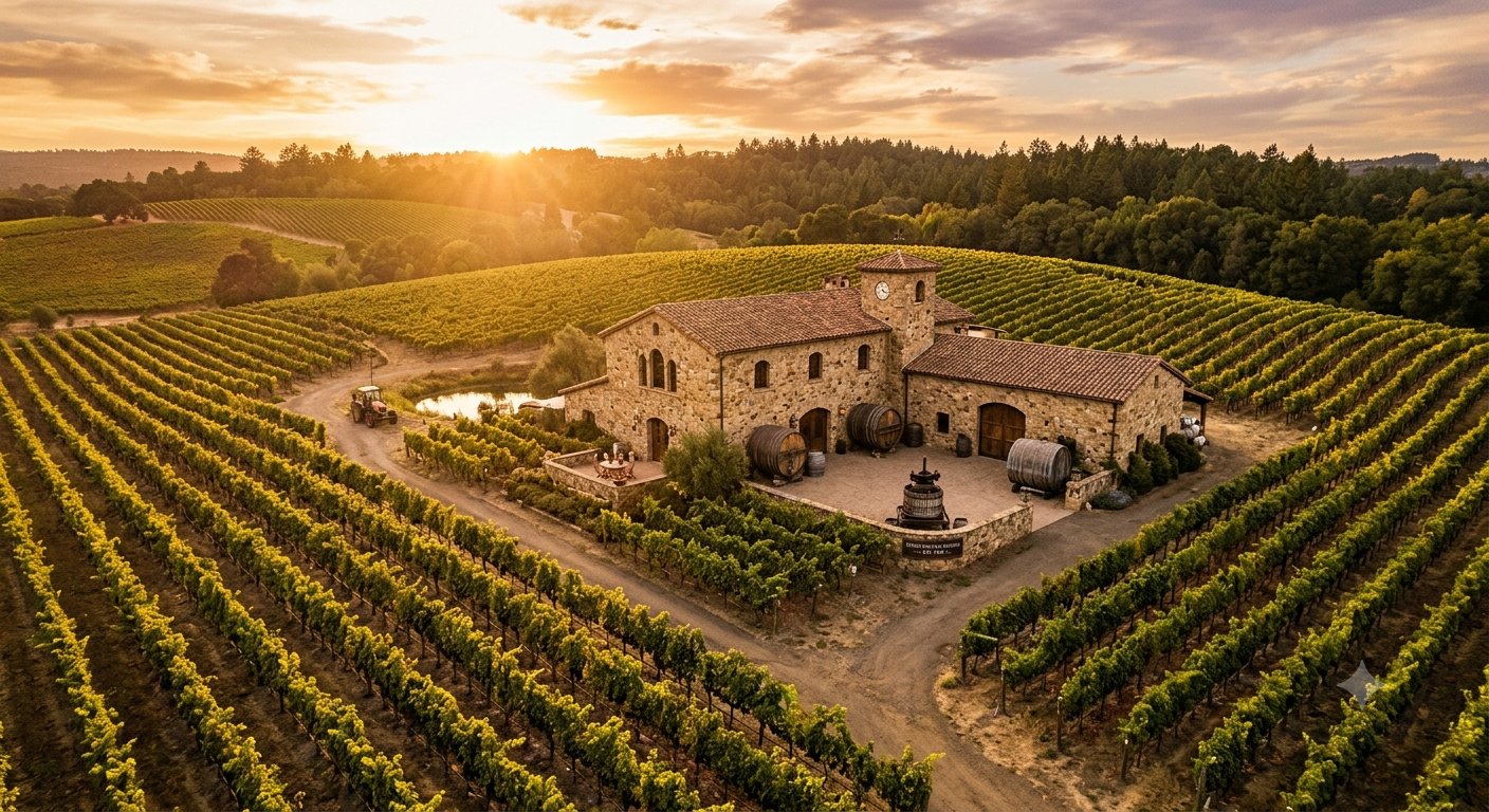 An estate winery among its own vineyard rows &mdash; grapes grown, wine made, and bottling all on one piece of land.