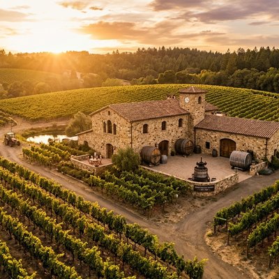 Aerial view of a stone estate winery surrounded by its own vineyard at golden hour