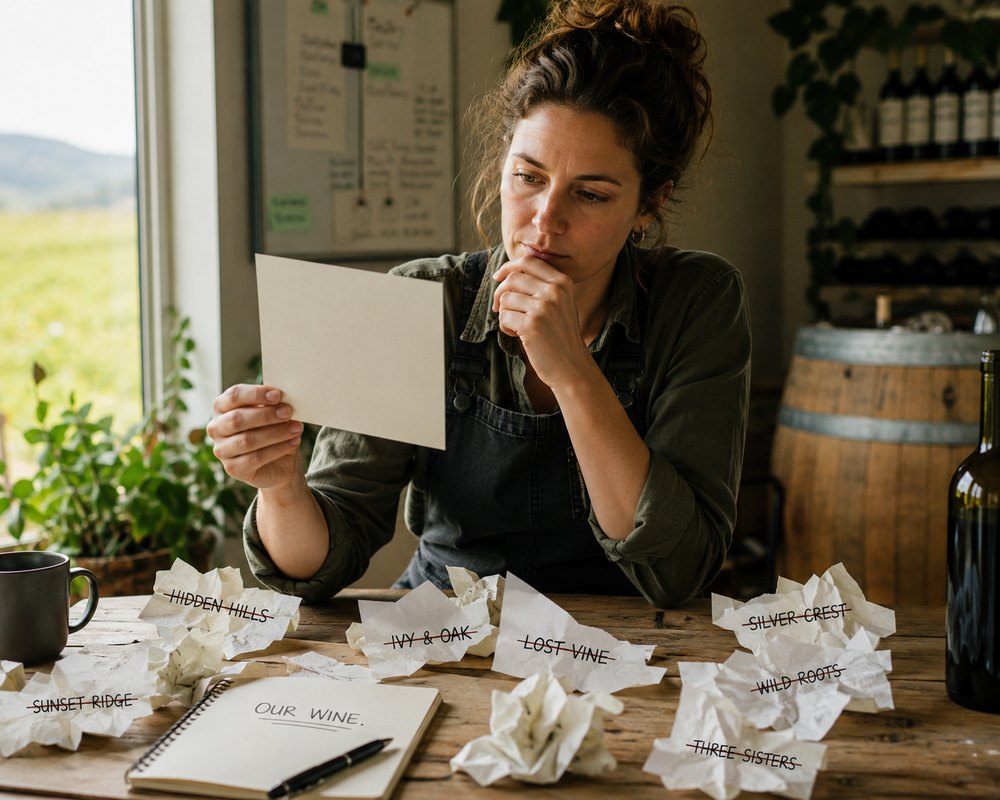 A winemaker at a worktable studies a blank wine label, surrounded by crumpled paper scraps with crossed-out names like Hidden Hills, Sunset Ridge, and Silver Crest.