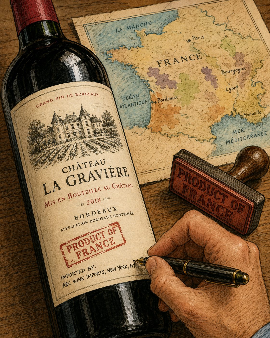 An illustrated French wine label stamped &lsquo;Product of France&rsquo; with an &lsquo;Imported by: ABC Wine Imports, New York, NY&rsquo; line being added by hand &mdash; the import-specific markings a domestic label never carries.