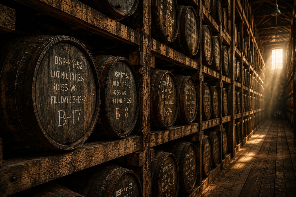 Charred oak barrels aging on wooden racks in a dim rickhouse, each stenciled with a DSP number, lot number, and fill date, with warm light raking through a far window.