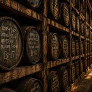 Charred oak barrels aging on racks in a dim rickhouse, stenciled with fill dates and barrel codes