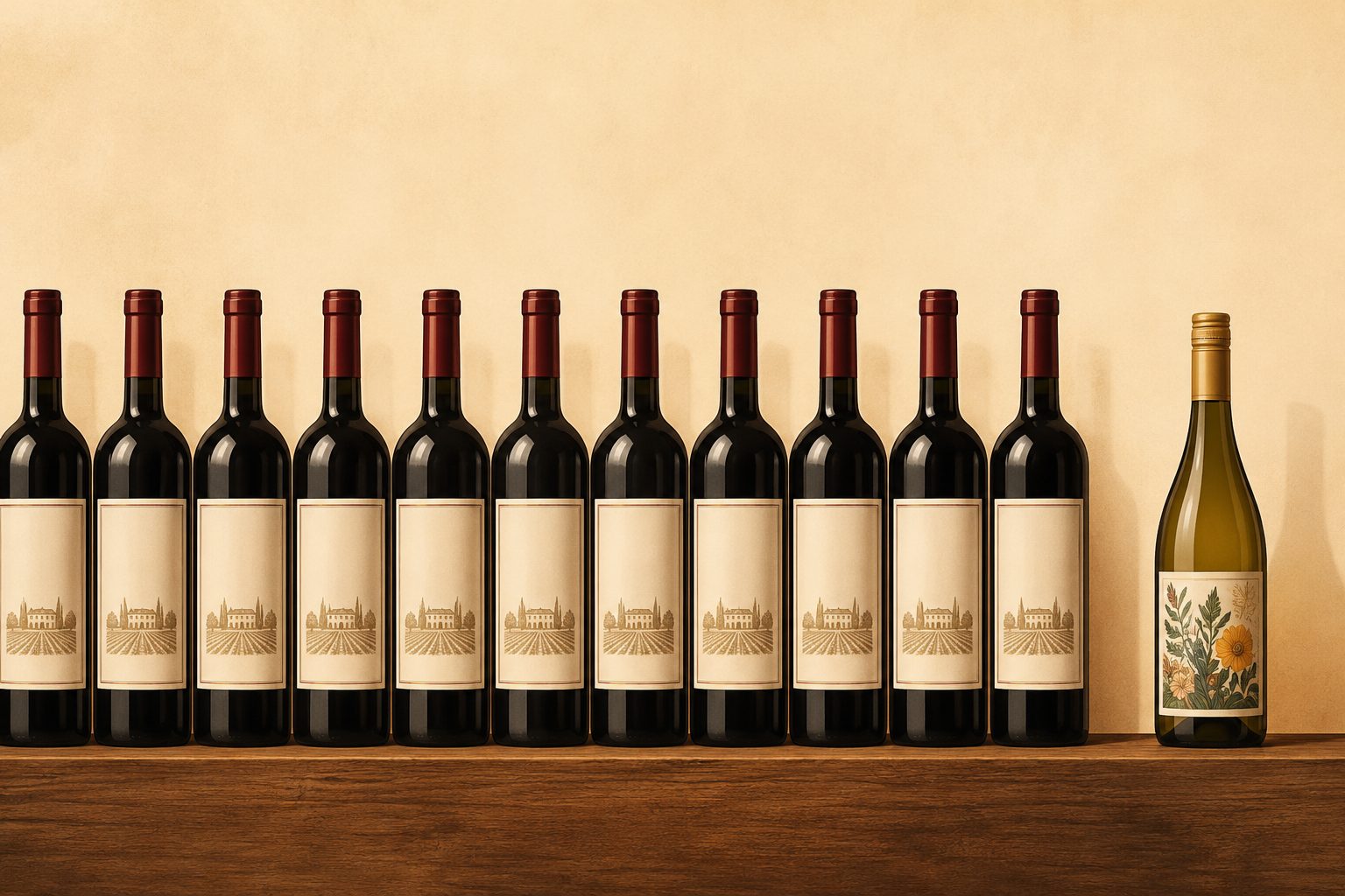 A long row of identical red wine bottles with near-identical ch&acirc;teau labels, and a single white wine bottle with a colorful botanical label standing apart at the end &mdash; the commodity row versus the un-substitutable outlier.