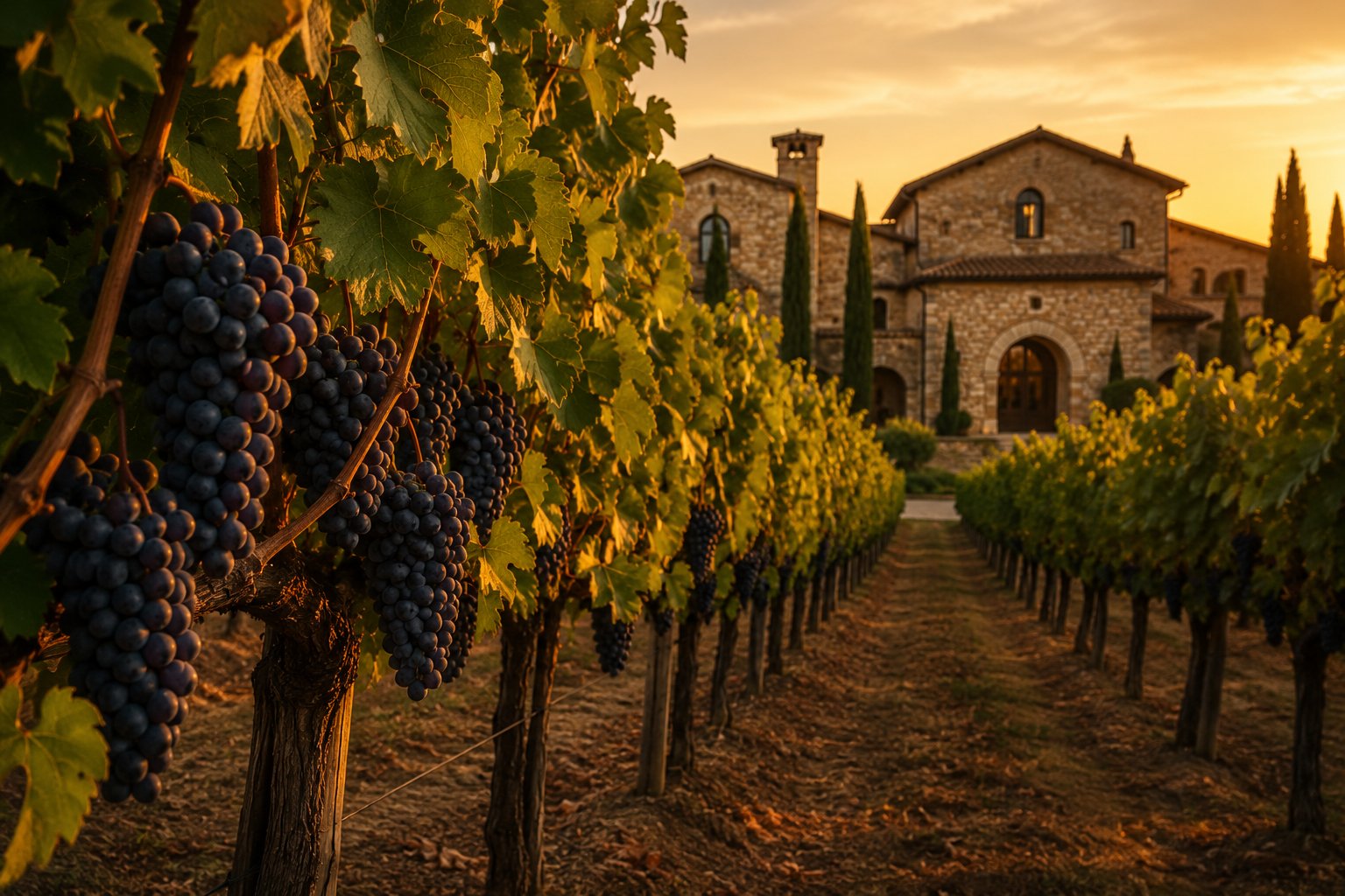 Ripe wine grapes on the vine with an estate winery behind them at golden hour.