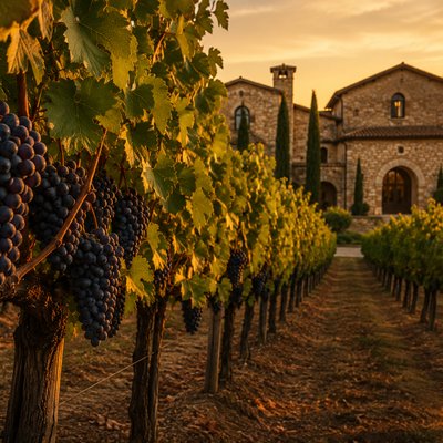 Ripe wine grapes on the vine with an estate winery behind them at golden hour
