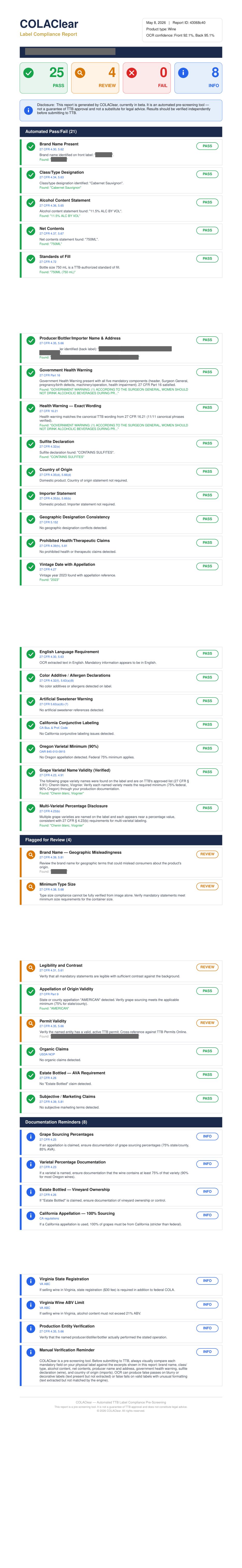 Five-page COLAClear sample compliance report showing 25 passes, 4 review flags, 0 fails, and 8 informational items, with CFR citations on each line.